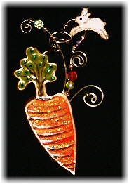 Easter Carrot with Mini Bunny Pin-This porcelain handmade pin is hand-painted in translucent paints,  bright colors and gold enamel details. Accented w/Medium and 5mm Amethyst Austrian Crystals. The carrot is embellished w/translucent Glass Orange Glitter. Gold plated wire and glass beads are used for final details.Unique Design!