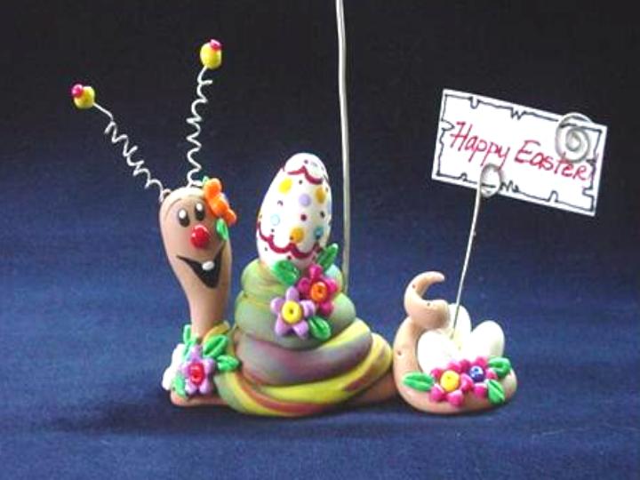 Easter Season Snail Photo or Note Holder-Handmade with glazed Fimo. Nickel and silver wire are used for final details. Each Item can be personalized or the note can bring a special message-Handmade Crafts.