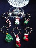 Holiday Wine Charms - Handmade with glazed Fimo. Gold wire, glass beads and Austrian Crystals are used for final details. (Decor purpose only) Unique Design!
