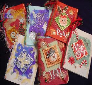 Handmade papers, porcelain and/or polymer clay. Metal, crystals, beads, fiber and other beautiful meterials are used to finish the cards. Each card is a unique design.