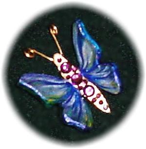 This porcelain handmade pin is hand-painted in translucent paints,  bright colors and gold enamel details. Accented w/Medium and 5mm Amethyst Austrian Crystals. Gold plated wire is used for final details. Unique Design!