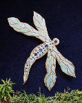 Amethyst Dragon Fly Pin- This porcelain handmade pin is hand-painted in translucent paints,  bright colors and gold enamel details. Accented w/Medium and 5mm Amethyst and Aquamarine Austrian Crystals.Unique Design!