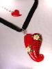 Flower Red Heart Pendant Swede Necklace