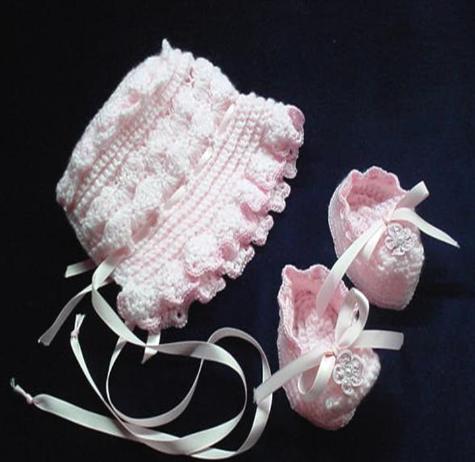 Handmade needlecraft with Lt. Pink 'Soft as Silk'  King Cole acrylic yarn. Very soft texture. The yarn is special for baby's skin. Pearls are used for final details. Beautiful and Unique design!