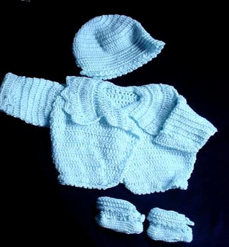 Handmade needlecraft with Lt. Blue 'Soft as Silk'  King Cole acrylic yarn. Very soft texture. The yarn is special for baby's skin. Beautiful and Unique design!