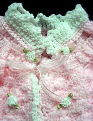  Handmade needlecraft with Lt. Pink and White 'Soft as Silk' King Cole acrylic yarn. Very soft texture. The yarn is special for baby's skin. Beautiful and Unique design!