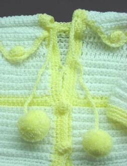  Handmade needlecraft with white and yellow BERNAT acrylic and nylon yarn. Very soft texture. The yarn is special for baby's skin. Beautiful and Unique design!