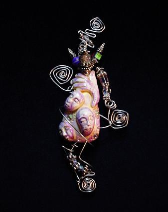 3&1 Faces Polymer Clay  Pin-Handmade with Polymer Clay. Sterling Silver wire, Austrian Crystals, Austrian Beads and glass beads are used for final details.