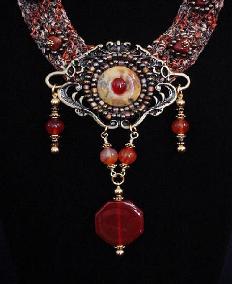 Fiber Crochet Carnelian Necklace-Handcrafted with beautiful fibers, Semi-precious Carnelian Gemstones and Nuggets. Unique design!