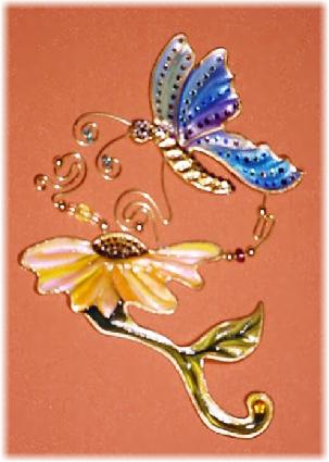 This porcelain handmade, hand cuted and hand-painted beautiful pin  is painted in translucent bright colors and gold enamel details. Embellished w/AB, Amethyst, Lt. Amethyst and Topaz Austrian Crystals. Gold plated wire and glass beads are used for final details. Unique design, one-of-a-kind ! 100% handmade