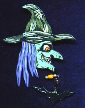 Halloween Witch Head with Bat Pin - Handmade of porcelain, wire and glass beads. Details are hand painted w/acrylic paints and glazed for final finish. Unique one-of-a-kind design. Happy Halloween!