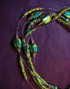 Dichroic Glass and Polymer Clay Green Fish Pendant Necklace (Close Up)