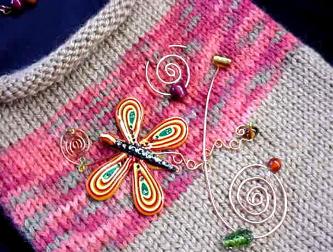 Hand-knitted with silk-wool. Decorated with a handmade Fimo butterfly, glass beads and copper wire. The butterfly is embellished with Austrian Crystals. Purse hanger is also handmade with copper and wooden beads. Unique design!  