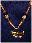 Animal Leather and Glass Beads Necklace- This clay handmade necklace is hand-painted in antique bronze, silver and gold. Accented w/glass beads, metal and clay handmade beads. Gold plated wire and posts are  used for final details. Unique Design and Very wild!