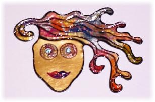 Wild Mermaid Head Pin-This porcelain handmade pin is hand-painted in translucent paints,  bright colors and gold enamel details. Accented w/Medium Aquamarine Austrian Crystals. Unique Design!