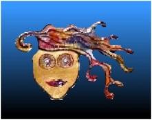 Wild Mermaid Head Pin- This porcelain handmade pin is hand-painted in translucent paints,  bright colors and gold enamel details. Accented w/Medium Aquamarine Austrian Crystals.Unique Design!