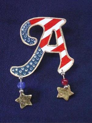 This porcelain handmade pin is painted in glossy patriotic colors. Austrian crystals, glass beads and wire are used for final details. Also, some foil effects are applied. Very Elegant and Unique!!!
