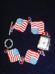 Patriotic Flag Woman Watch-  Handmade with glazed Fimo. Silver plated  findings and clasps are used for final details. Rectangular shape watch. Elegant and Patriotic!!!