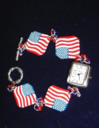 Handmade with glazed Fimo. Silver plated  findings and clasps are used for final details. Rectangular shape watch. Elegant and Patriotic!!!
