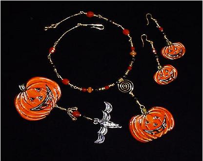 Pumpkin Complete Set/3-Pumpkin Necklace, Pumpkin Earrings and Pumpkin Pin.Complete set comes in a gift box.Very attractive for a Halloween gift or display!