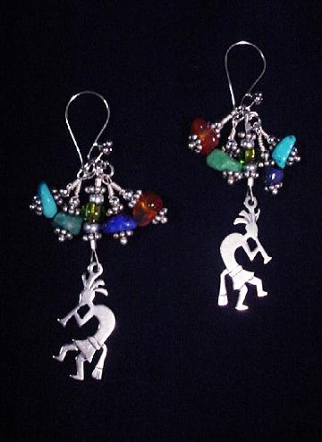 Kokopelli Gemstones Earrings-Handcrafted with gemstones, bali beads and spacers. SS earring findings. SS kokopelli charms. Limited production until availability. Beautiful to match with the Kokopelli watch.