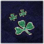 St. Patrick's Shamrock Clover Pin and Earrings Set-This porcelain handmade pin is hand-painted in green and gold enamel paints.  Accented w/Emerald glass glitter. Gold plated bar pin and earrings post are used for final details. Unique Design! 