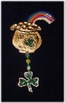 St. Patrick's Pot of Gold Pin- This porcelain handmade pin is hand-painted in translucent paints and gold enamel details. Accented w/5mm Emerald Austrian Crystals. Gold plated wire and glass beads are used for final details. Also, some foil effects are applied. Unique Design! 