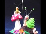 Bee and Mushroom Snail Photo or Note Holder- Handmade with glazed Fimo. Nickel and silver wire are used for final details.