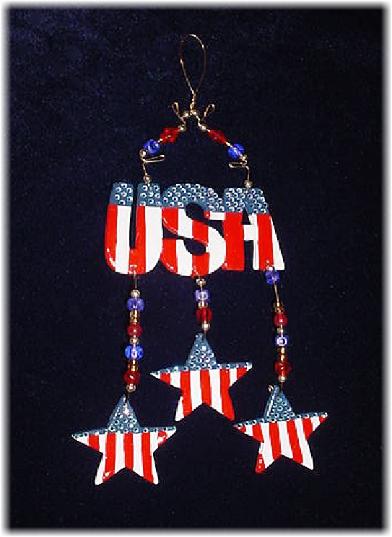 This porcelain handmade ornament is painted in glossy patriotic colors. Austrian crystals, glass beads and wire are used for final and hanging details. 100% handmade.