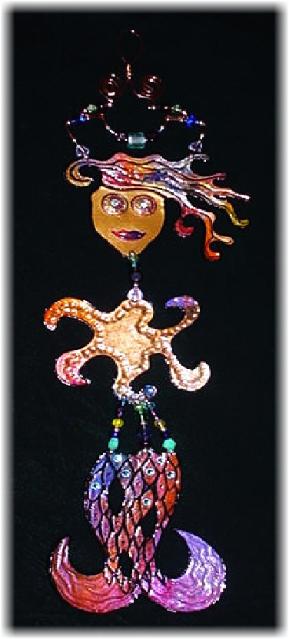 This porcelain decor ornament is painted in antique gold,translucent and bright colors paints. Black enamel is used for final details. Accented w/Aquamarine, Amethyst Austrian Crystals and glass beads. Gold color wire is used for decor and hanging details. Very Wild and Unique Design!