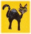 Big Black Cat Pin- This porcelain handmade pin is painted in glossy black. Emerald Austrian Crystals and oval shape glass beads are used for the eyes. Whiskers are made of wire. Unique Design!