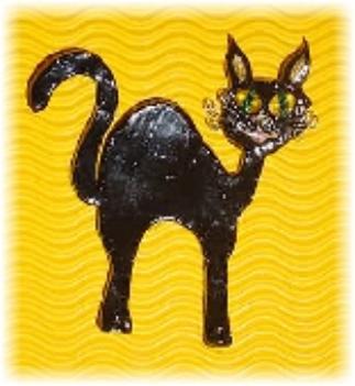 This porcelain handmade pin is painted in glossy black. Emerald Austrian Crystals and oval shape glass beads are used for the eyes. Whiskers are made of wire. Unique Design!